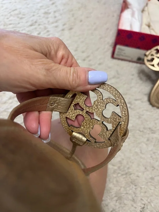 Tory Burch Metallic Gold Leather Logo Sandals - Picture 9 of 10